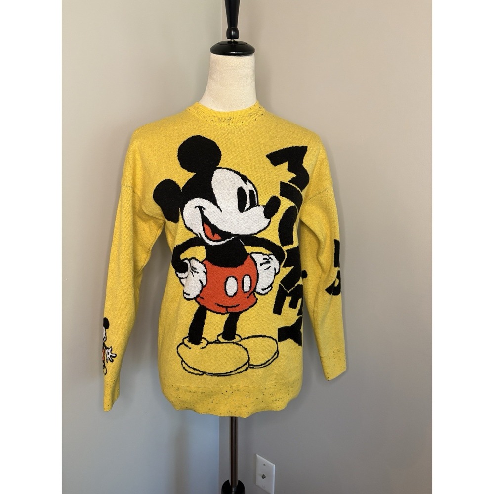 Disney Mickey Mouse Pullover Sweater Jumper Yellow Speckled Heavy Knit Size XS